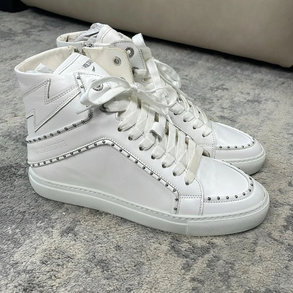 NIB Zadig & Voltaire High Flash Sneaker Studded High Top White Leather Sz 40 - Picture 11 of 14